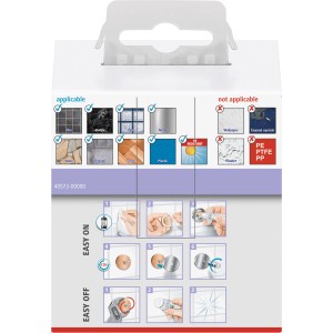 Montagehinweise für Tesa Handtuchhaken Moon, weiße Verpackung mit Anwendungsbeispielen.