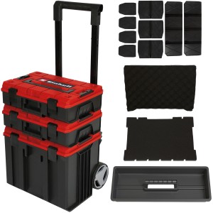 Einhell E-Case Tower Werkzeugkoffer Set mit Rollen, Griff, Einlagen und Fächern.