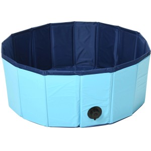 Blauer Hunde-Aufstellpool mit Ablassventil für Abkühlung im Sommer.