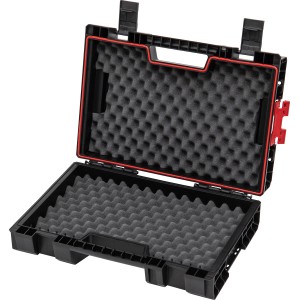 Offener, schwarzer Qbrick System Pro Werkzeugkoffer mit Schaumstoffeinlage.