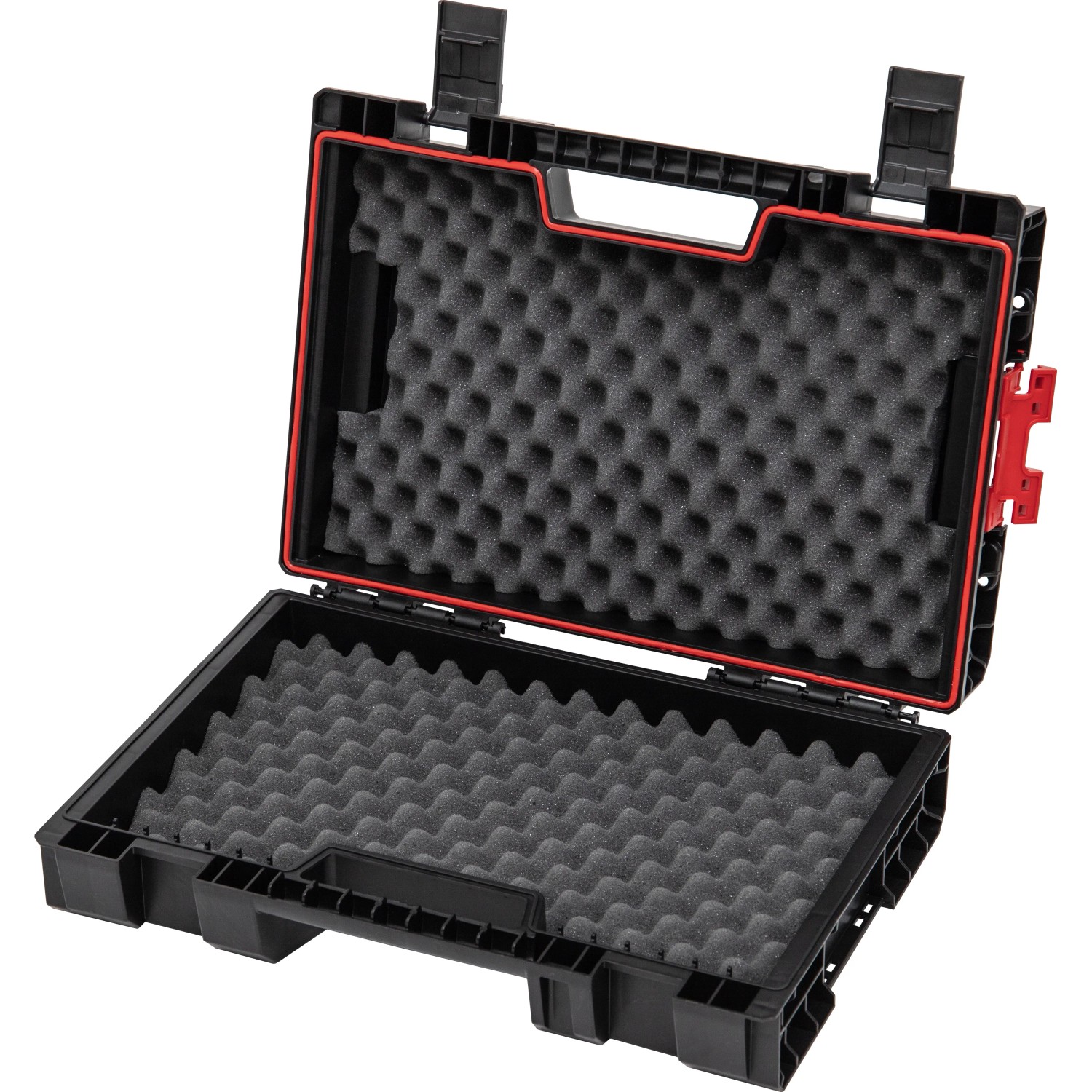 Offener, schwarzer Qbrick System Pro Werkzeugkoffer mit Schaumstoffeinlage.
