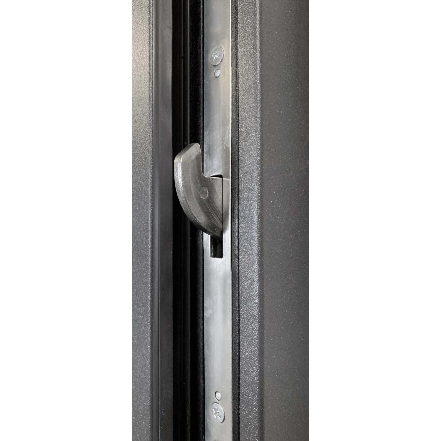 Detailaufnahme: 3-Punkt-Verriegelung der anthrazitfarbenen Stahl-Nebeneingangstür.