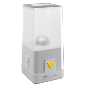 Varta Outdoor Ambiance L10: graue LED-Taschenlampe mit transparentem Lampenschirm.