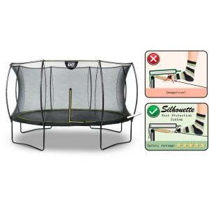Schwarzes EXIT Silhouette Trampolin D366cm mit Sicherheitsnetz und Fußschutzsystem.