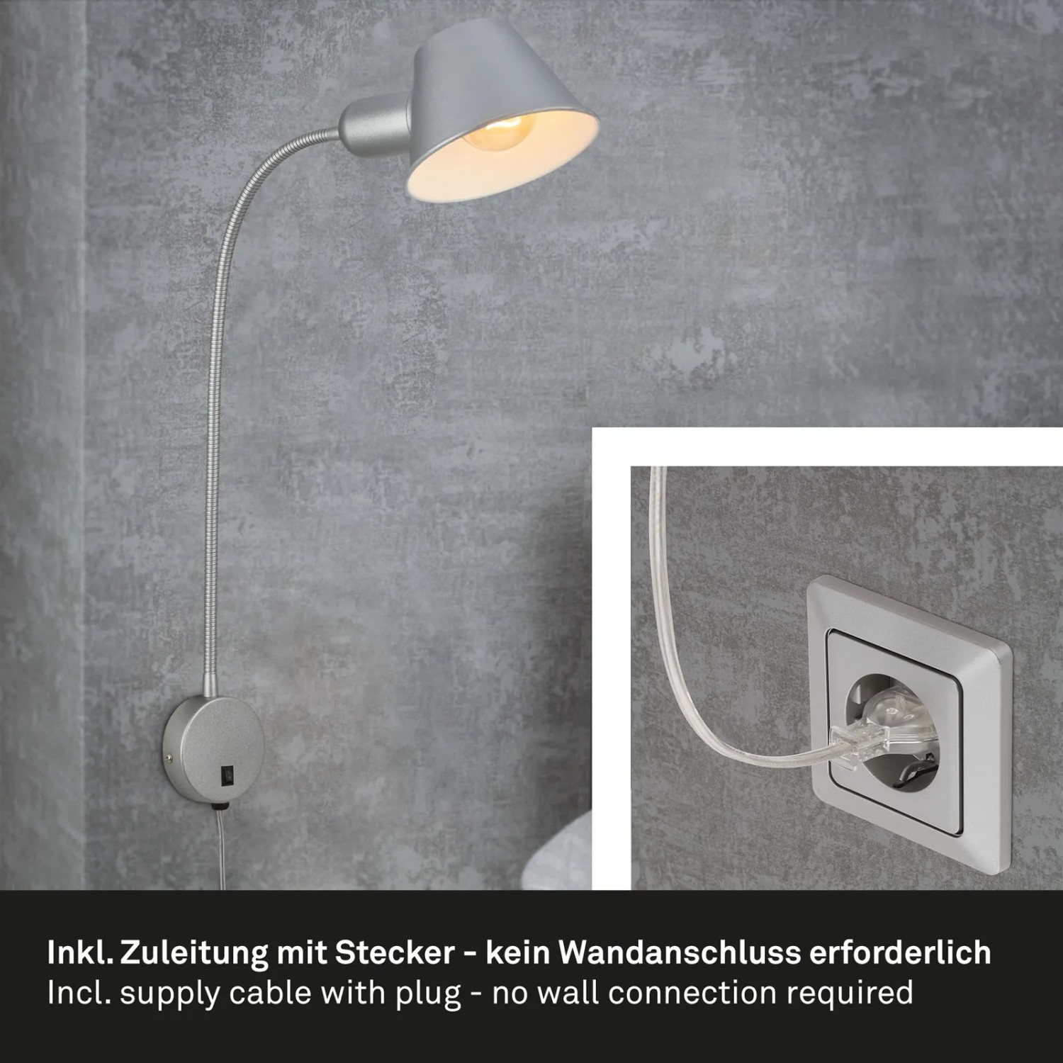 Schwenkbare, chrom-matte Briloner Bettleuchte mit Schalter, Ø 8 cm x 55 cm.