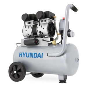 Kompakter, mobiler HYUNDAI Silent Kompressor SAC15024, 24L, 9bar, ölfrei, grau, mit Rädern und Griff.