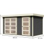 Karibu Holz-Gartenhaus Nürnberg, terragrau, mit Maßangaben (400x213 cm).