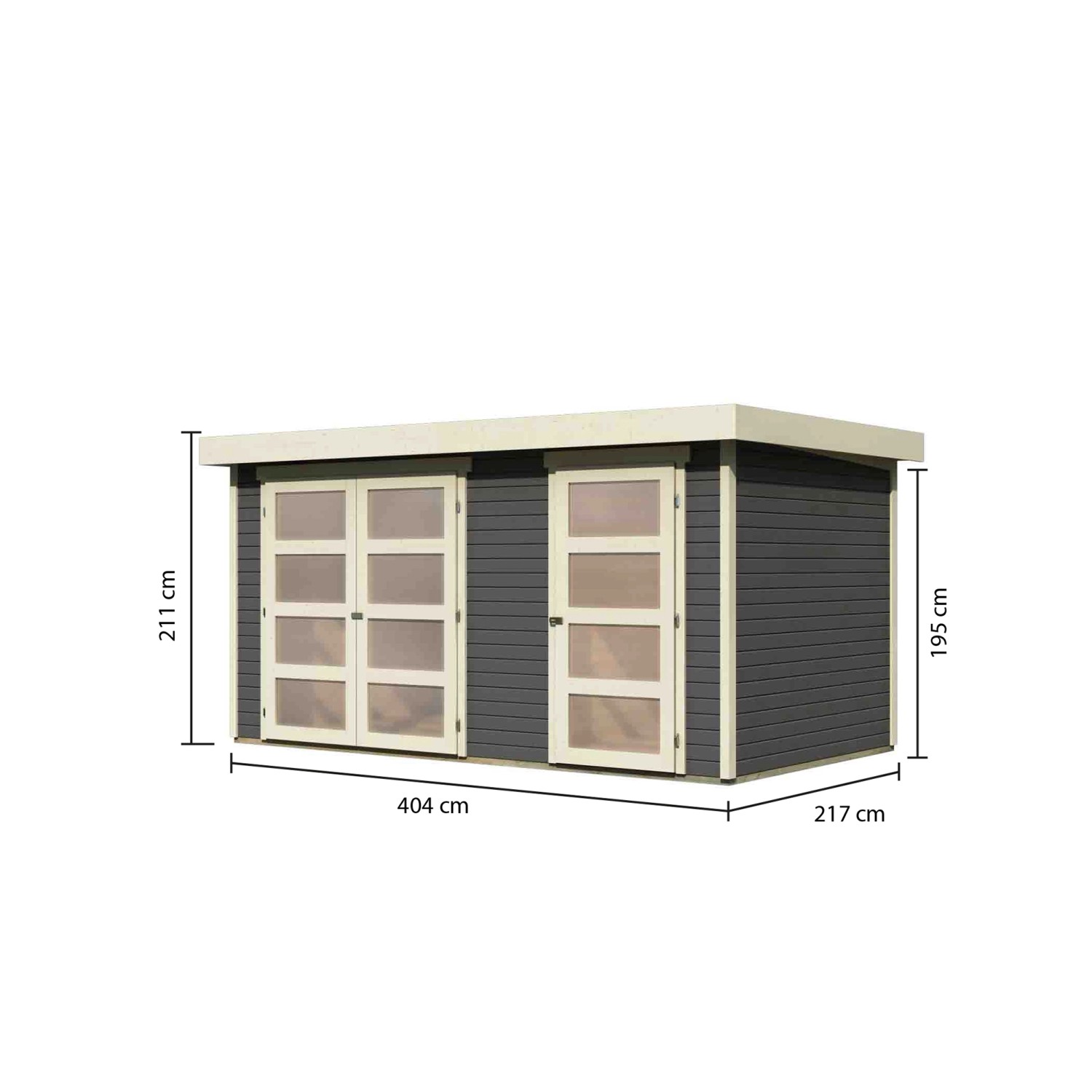 Karibu Holz-Gartenhaus Nürnberg, terragrau, mit Maßangaben (400x213 cm).