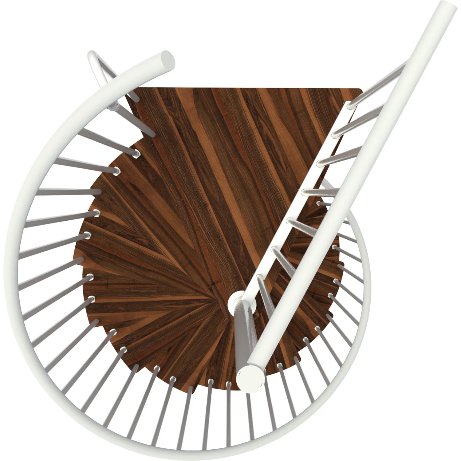 Minka Spindeltreppe Spiral Smart, Walnussfarbene Holzstufen, weißes Geländer, Draufsicht.