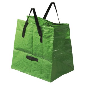 Grüner Gartenabfallsack mit schwarzen Tragegriffen, 245 l Volumen.
