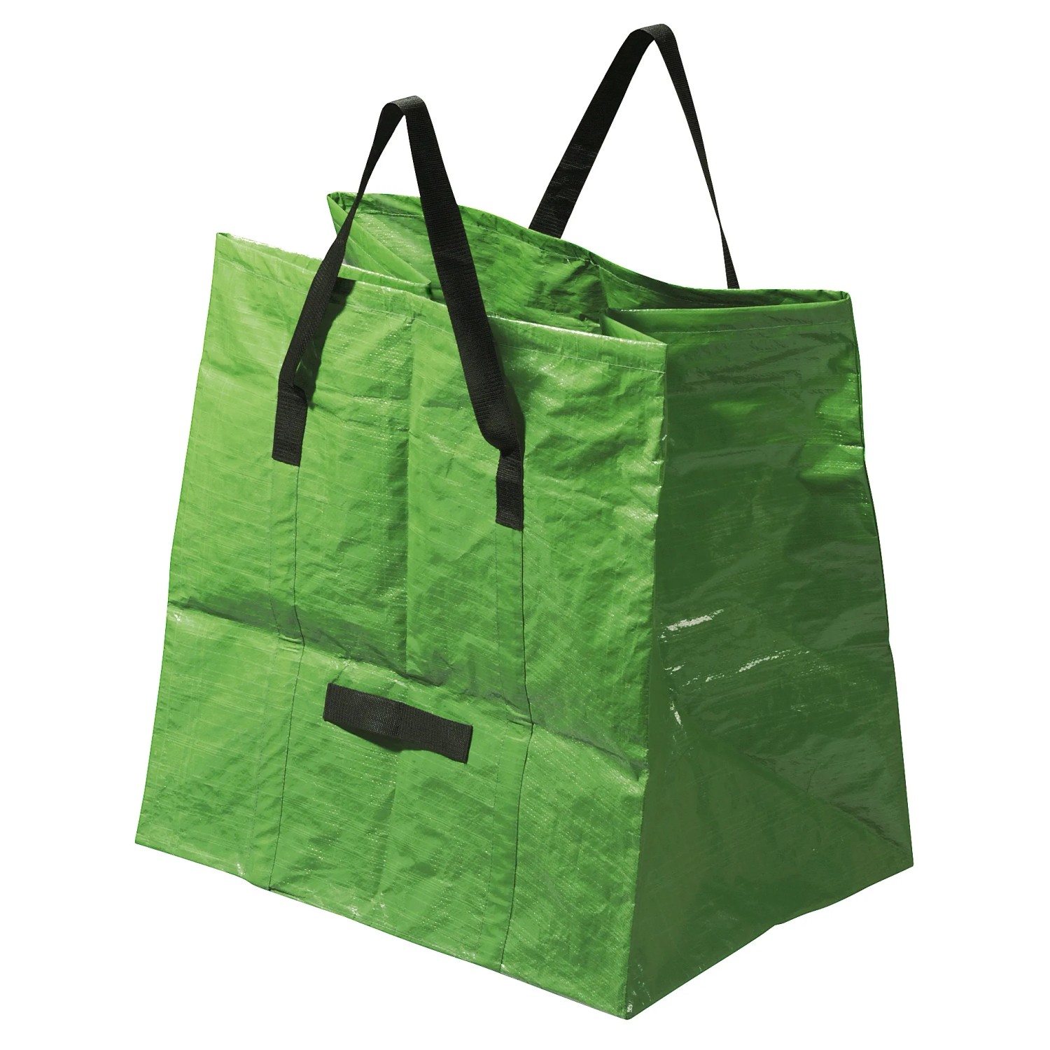 Grüner Gartenabfallsack mit schwarzen Tragegriffen, 245 l Volumen.