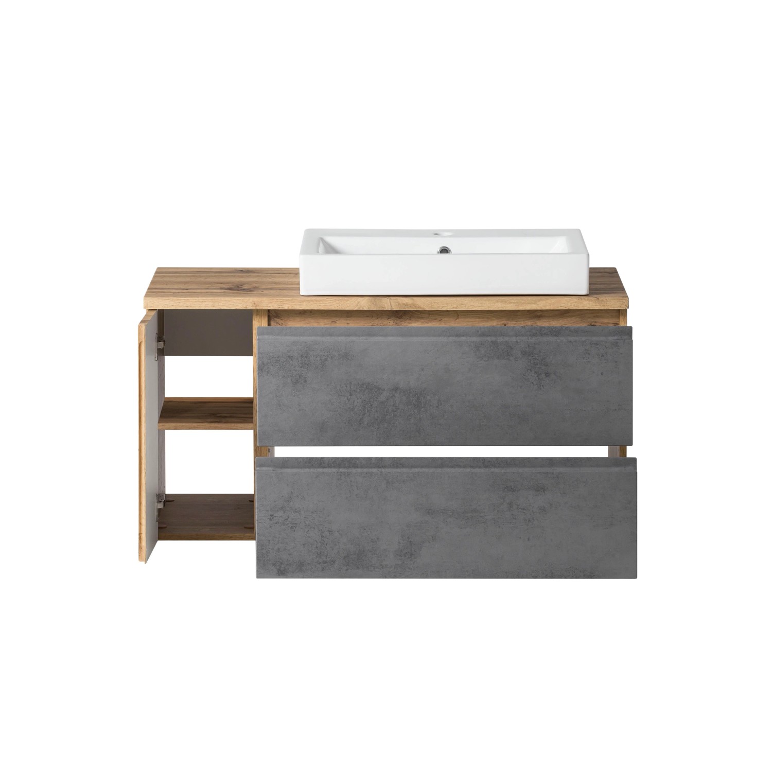 Held Möbel Waschtisch Ancona 105 cm, Betongrau/Wotaneiche mit Keramikbecken rechts.