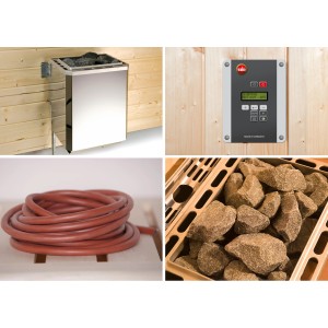 Zubehör für Weka Massivholzsauna Bergen: Ofen, Steuerung, Kabel und Saunasteine.