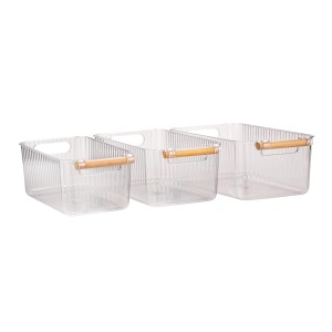 Wenko Badbox-Set Nantes, 3 transparente Kunststoffboxen mit Buchenholzgriffen in verschiedenen Größen.