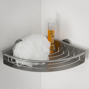 Tiger Boston Eck-Duschkorb aus gebürstetem Edelstahl mit Duschgel und Badeschwamm.