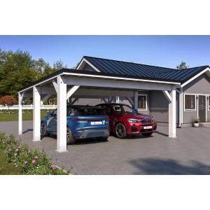 Holzbrüder Carport Ralf 36, weißes Holz, schwarzes Dach, mit zwei parkenden Autos.