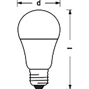 Skizze einer Ledvance Smart+ WiFi RGBW E27 LED Lampe, Kolbenform mit Maßangaben.