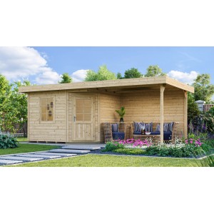 Weka Gartenhaus San Remo A Natur mit Terrasse und Gartenmöbeln. Holzhaus mit Flachdach.