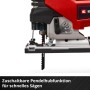 Detailaufnahme der Einhell Akku-Stichsäge TP-JS 18/135 Li Bl-Solo mit Sägeblatt.