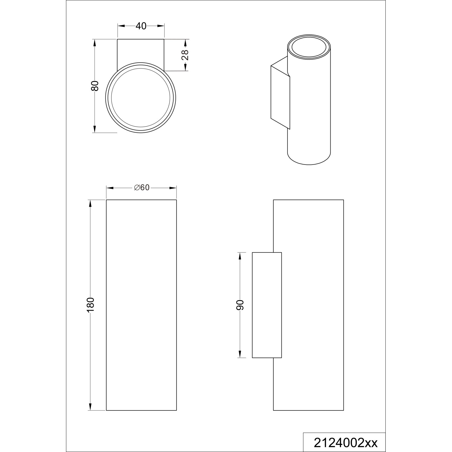 Technische Zeichnung der Trio Wandlampe Marley, 2-flammig, Nickel matt, mit Maßen.