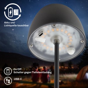 Brilo LED-Akku-Tischleuchte Serina Mini Anthrazit, Details: USB-C Anschluss, Schalter, LED-Lichtquelle und Akku tauschbar.