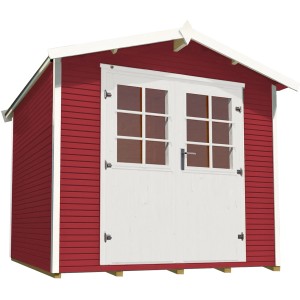 Schwedenrotes Holz-Gartenhaus mit Satteldach und weißer Doppeltür. Weka Gartenhaus 218.