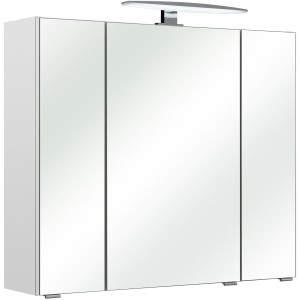Pelipal Spiegelschrank, 80 cm breit, weiß glänzend mit drei Spiegeltüren und Aufsatzleuchte.