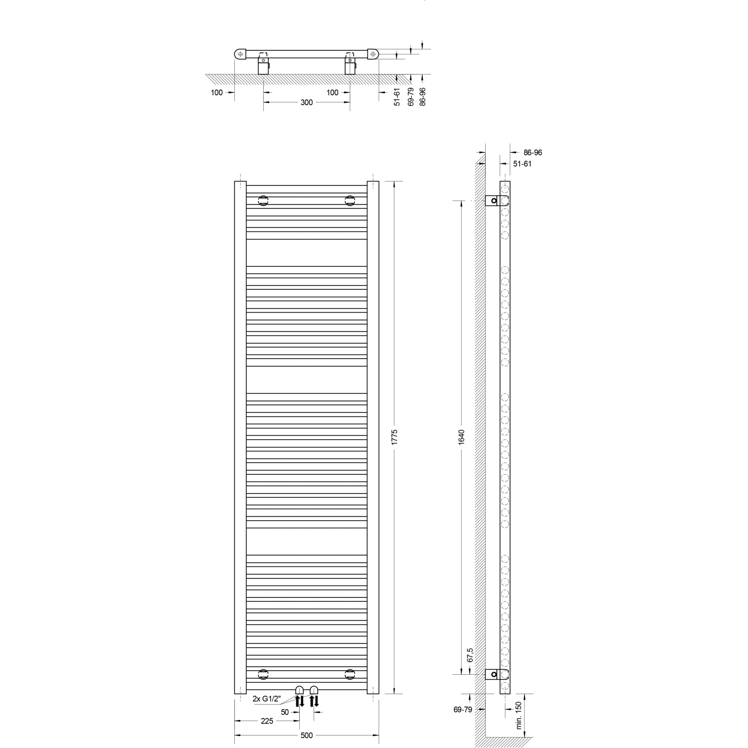 Technische Zeichnung: Schulte ExpressPlus Design-Heizkörper München mit Mittelanschluss, Maße und Details.