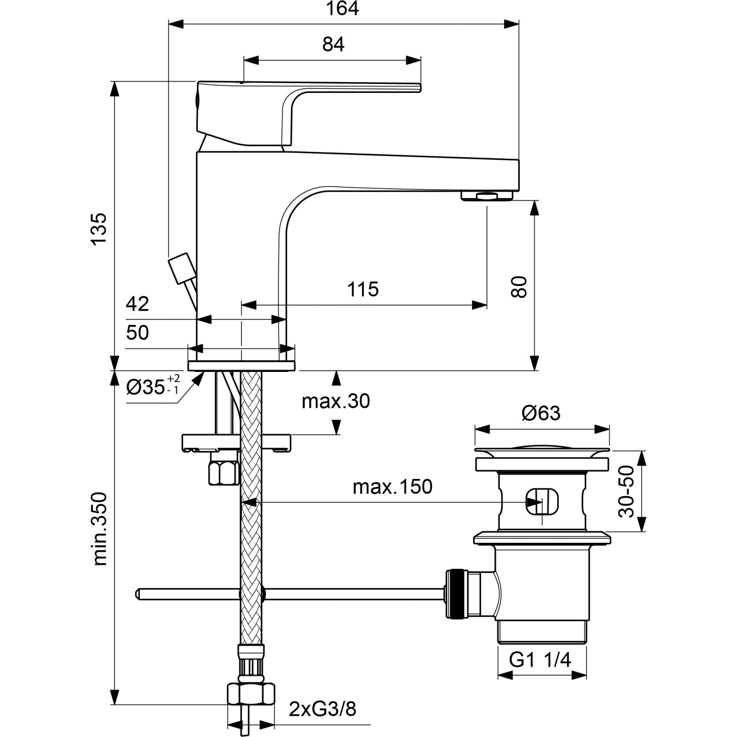 Technische Zeichnung: Ideal Standard Cerafine D Waschtischarmatur H80 Chrom mit Maßen.