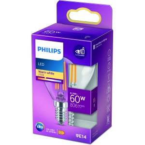 Philips LED-Leuchtmittel E14 Tropfenform, 6,5W, warmweiß, in Produktverpackung.