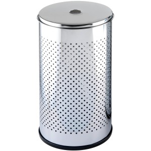 Runde Wenko Wäschetruhe Exclusiv aus Chrom mit Lochmuster und Deckel, 37 Liter.