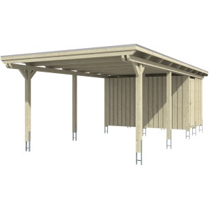 Skan Holz Einzelcarport aus Leimholz in Eiche hell, 404x846cm, mit Dachplatten und Pfosten.