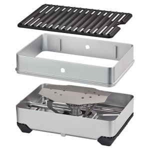 Enders® Camping-Gasgrill Pace, zerlegt: Grillrost, Topfrost und Gehäuse aus Aluminium.
