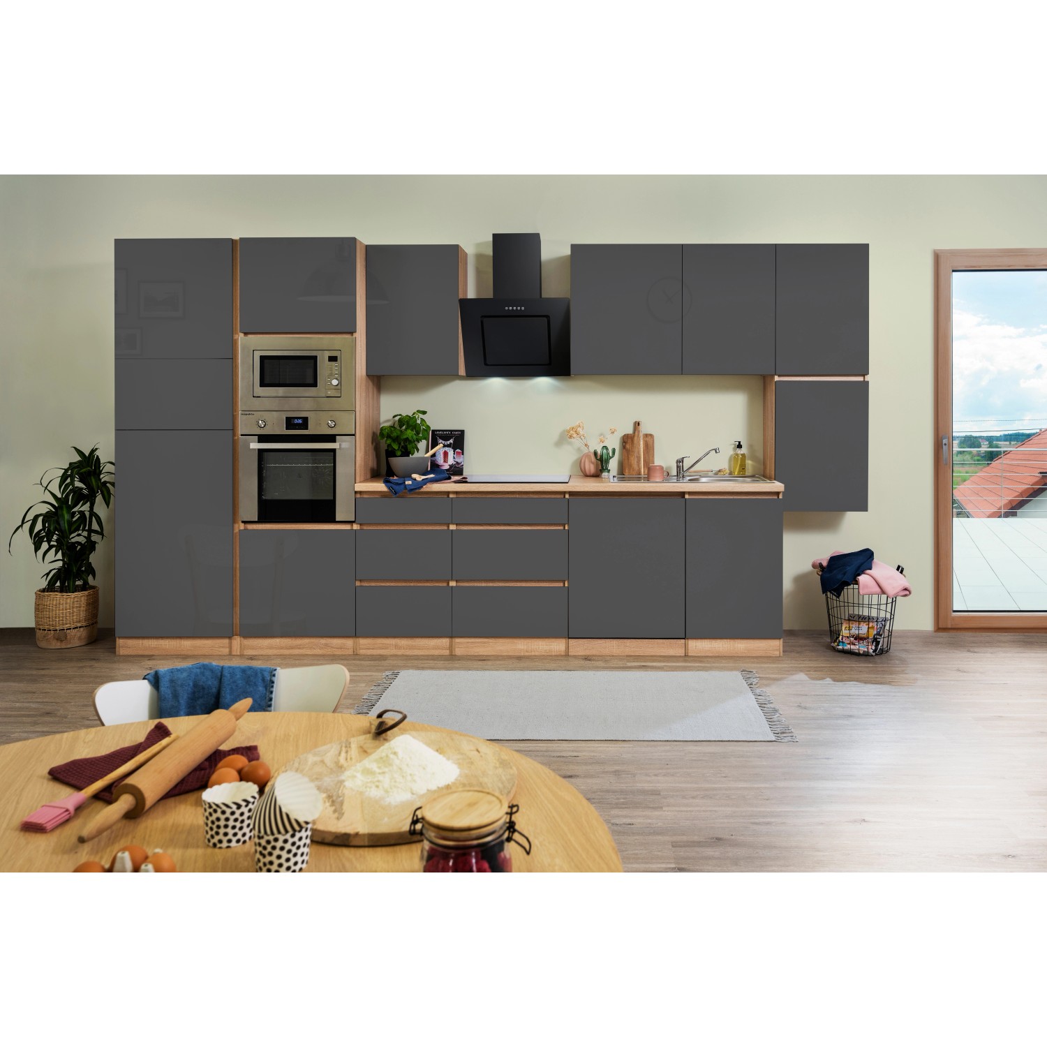 Respekta Premium Küchenzeile 395 cm, grau hochglanz mit Eiche Sägerau Dekor, inklusive E-Geräte.