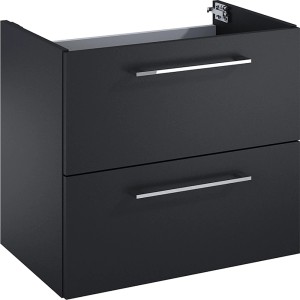 Maximus Waschbeckenunterschrank CHEESE, 59,6 cm, schwarz mit zwei Schubladen und silbernen Griffen.