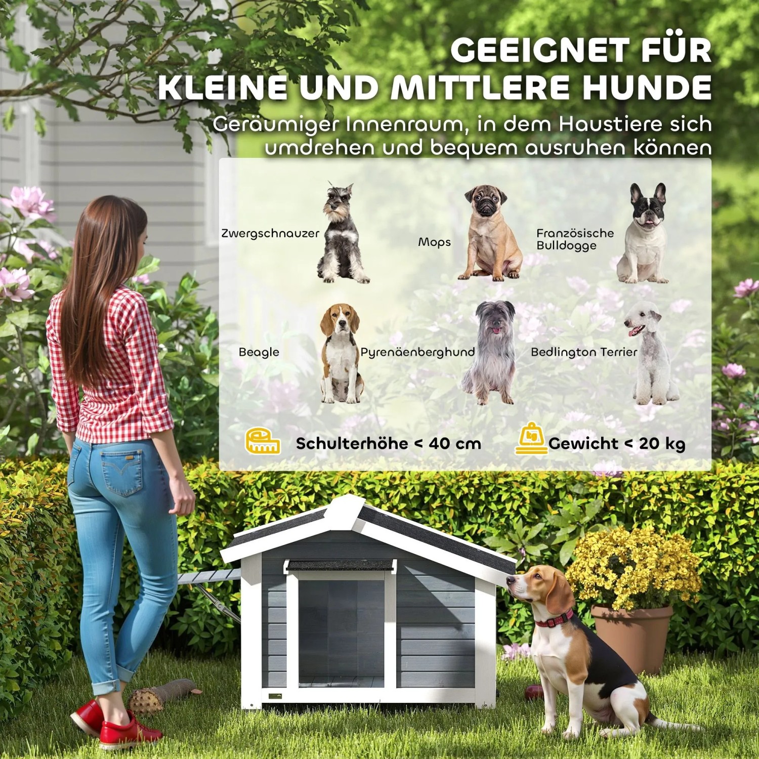 PawHut Hundehütte aus Tannenholz, grau-weiß, im Garten mit Beagle. Geeignet für kleine und mittlere Hunde bis 20kg.