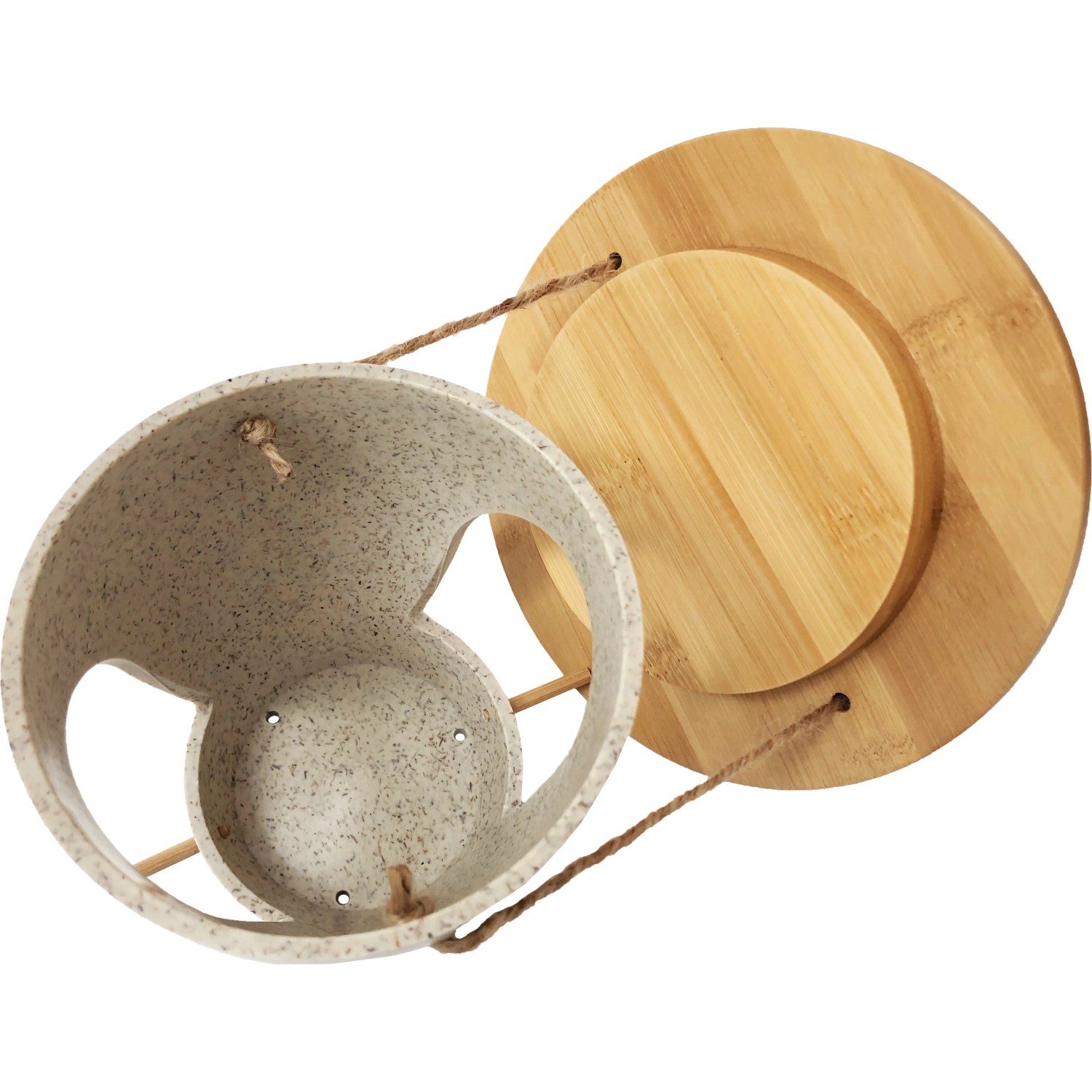 Dobar Futterspender Eco aus Pflanzenfasern mit Bambusdeckel und Hanfseil zum Aufhängen.
