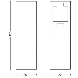 Skizze: Philips Auckland Sockel-Doppelsteckdose für Außen, Maße 23,2x7,2cm, Edelstahl.