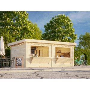 Palmako Marktstand Lenna Set, 588x300 cm, weiß lackiert. Weekendhaus mit Verkaufsklappen und Tür.