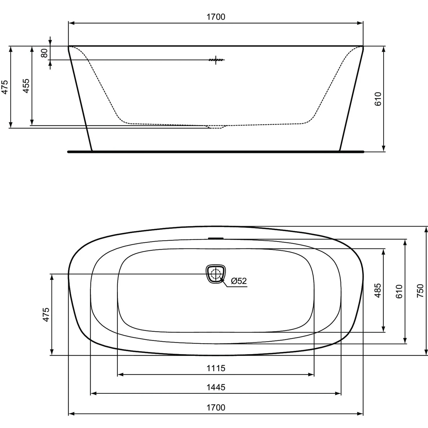 Technische Zeichnung: Freistehende Ideal Standard Badewanne Dea, oval, 170x75 cm, in Schwarz Matt.