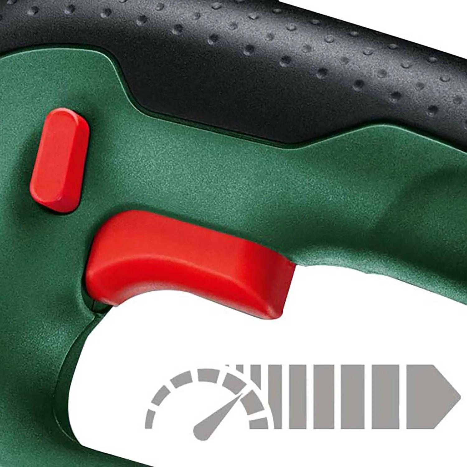 Detailaufnahme: Bosch Akku-Stichsäge UniversalSaw 18V-100 mit rotem Gasgebeschalter und Geschwindigkeitsanzeige.