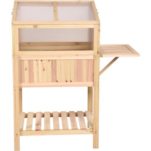 Garden Pleasure Gewächshaus aus Holz, braun, mit Ablagetisch und Regalboden.