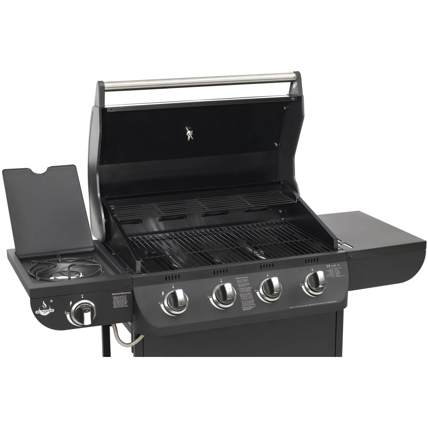 Schwarzer El Fuego Gasgrill Columbus mit 4 Brennern und Seitenbrenner, Grillwagen mit Ablageflächen.