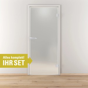 Novadoors Glastür-Set Nova 501, DIN rechts, mit satiniertem Glas und Edelstahl-Optik Beschlägen.