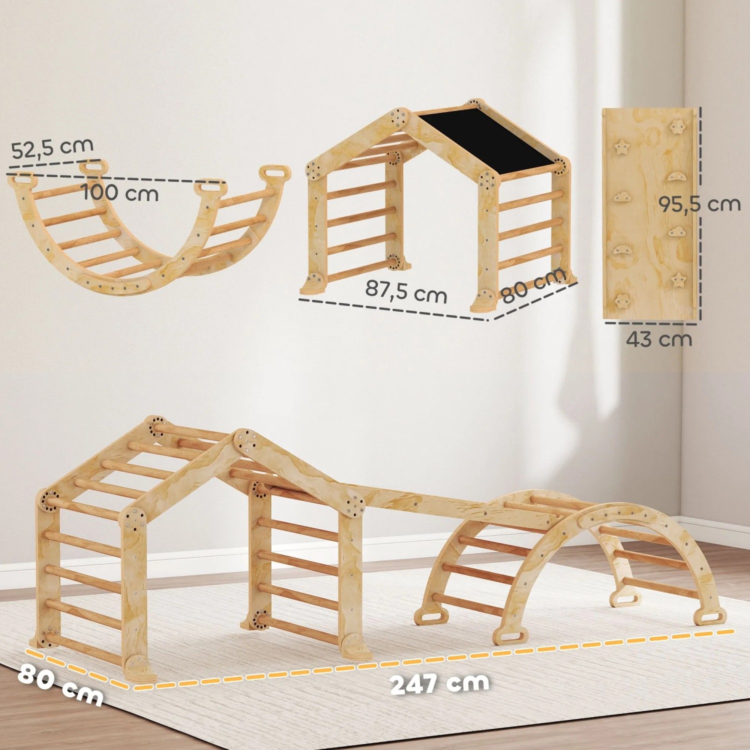 AIYAPLAY Klettergerüst aus Holz, modular mit Kletterbogen, Rutsche und Tafel. Vielseitiges Indoor Spielgerät für Kinder.