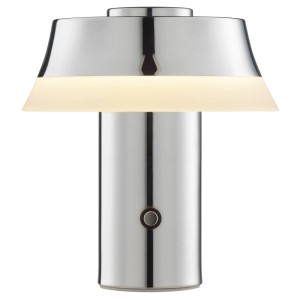 Elegante LED Tischleuchte Kinich 15cm Chrom. Kabellose Lampe aus glänzendem Metall mit warmweißem Licht und Touch-Bedienung.