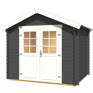 Lackiertes Weka Holz-Gartenhaus 209 mit Satteldach und weißen Doppeltüren.