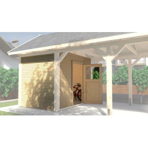 Weka Geräteraum WekaLine für LH-Carport Gr.2, naturbelassen mit offener Tür und Fahrrad im Inneren.