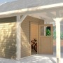 Weka Geräteraum WekaLine für LH-Carport Gr.2, naturbelassen mit offener Tür und Fahrrad im Inneren.