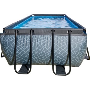 Rechteckiger EXIT Stone Pool, 400x200x122 cm, grau mit Steinmuster und Filterpumpe.